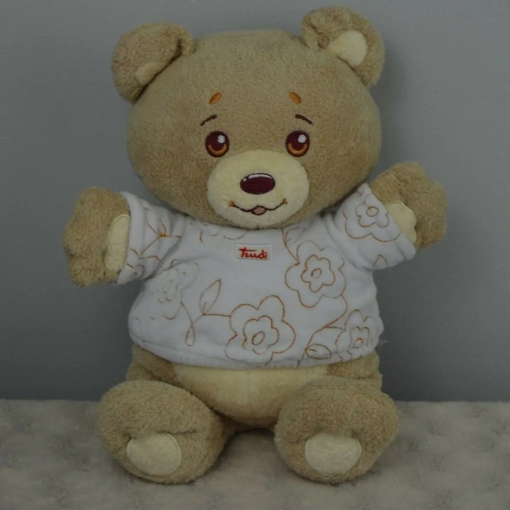 Trudi Teddy Bear Plush Stuffed Animal Toy Tan White Flower Shirt Cream Brown
